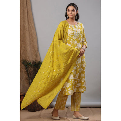 Lemon Green Floral Printed Muslin Kurti Palazzo Set