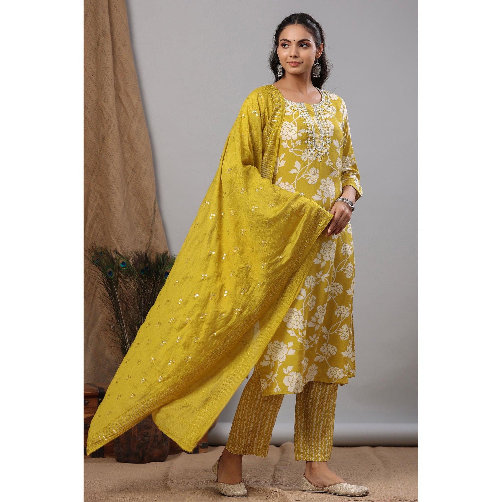 Lemon Green Floral Printed Muslin Kurti Palazzo Set
