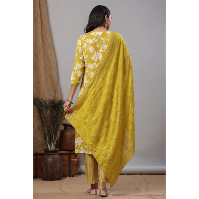Lemon Green Floral Printed Muslin Kurti Palazzo Set