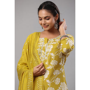 Lemon Green Floral Printed Muslin Kurti Palazzo Set