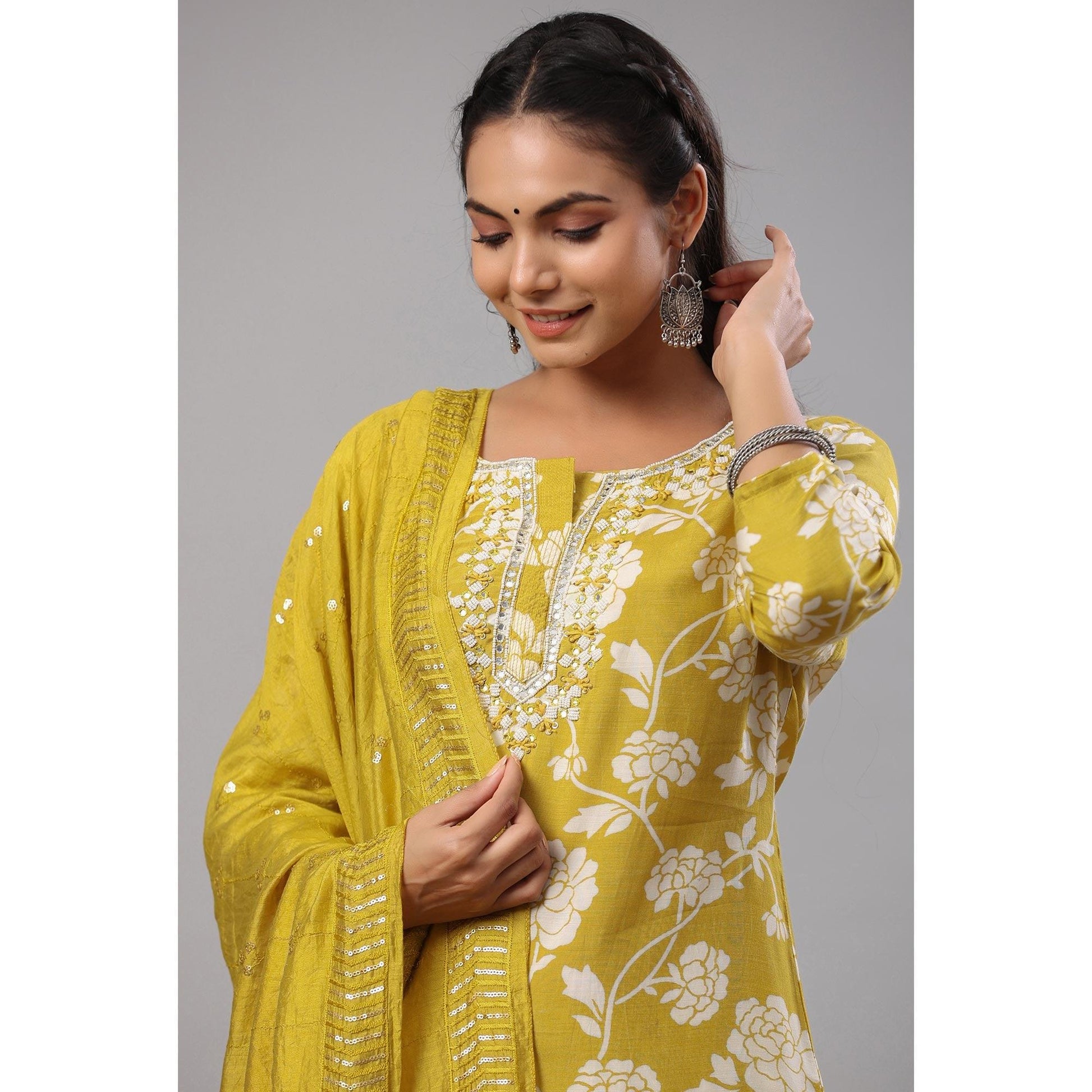 Lemon Green Floral Printed Muslin Kurti Palazzo Set