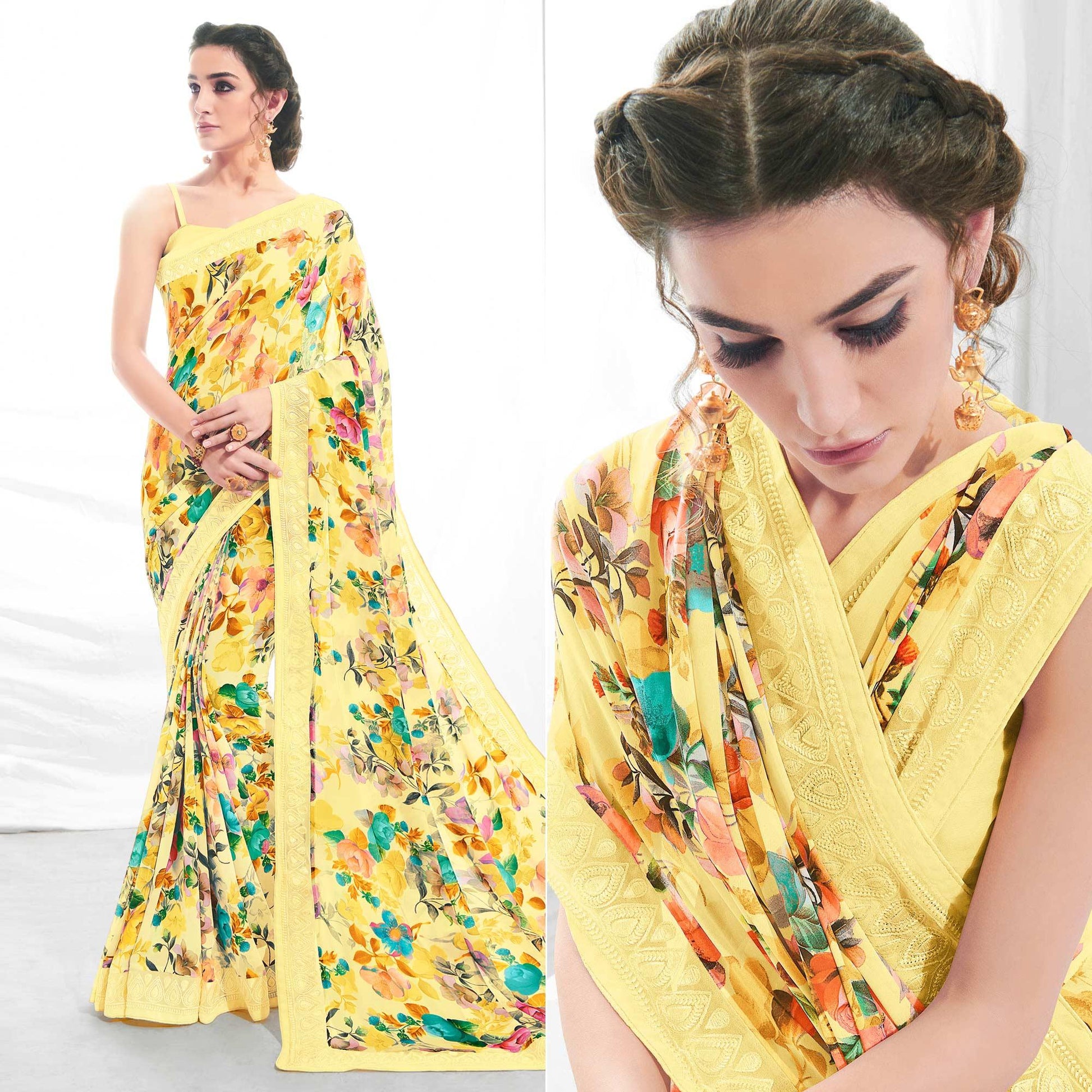 Lemon Green Floral Printed With Embroidered Border Georgette Saree