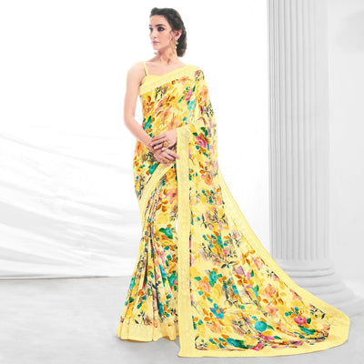 Lemon Green Floral Printed With Embroidered Border Georgette Saree