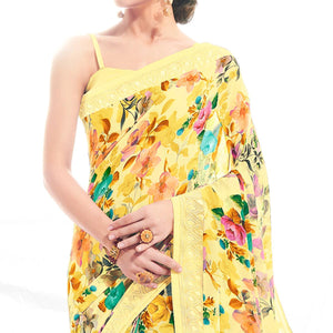 Lemon Green Floral Printed With Embroidered Border Georgette Saree
