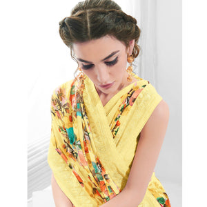 Lemon Green Floral Printed With Embroidered Border Georgette Saree