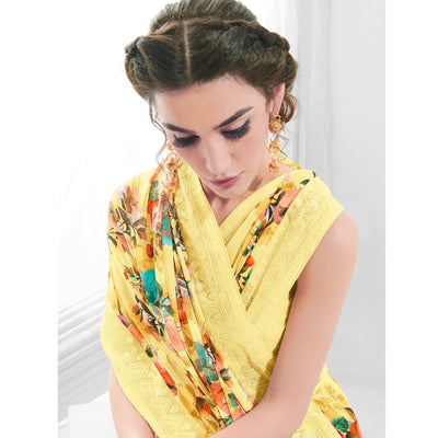 Lemon Green Floral Printed With Embroidered Border Georgette Saree