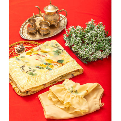 Lemon Green Floral Printed With Embroidered Border Georgette Saree