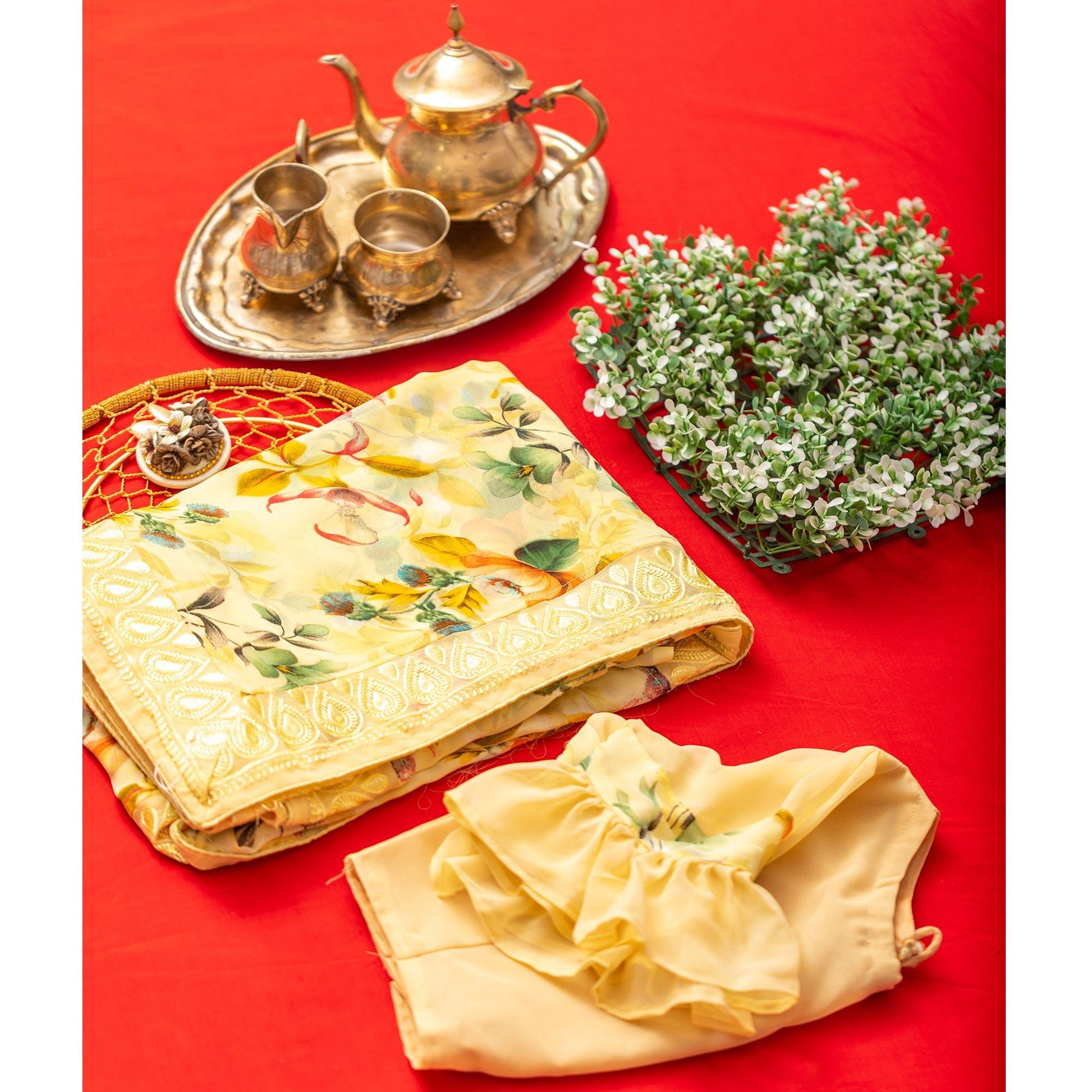 Lemon Green Floral Printed With Embroidered Border Georgette Saree