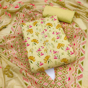 Lemon Green Floral Printed With Embroidered Pure Cotton Dress Material