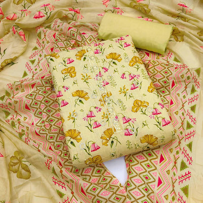 Lemon Green Floral Printed With Embroidered Pure Cotton Dress Material
