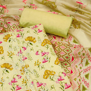 Lemon Green Floral Printed With Embroidered Pure Cotton Dress Material