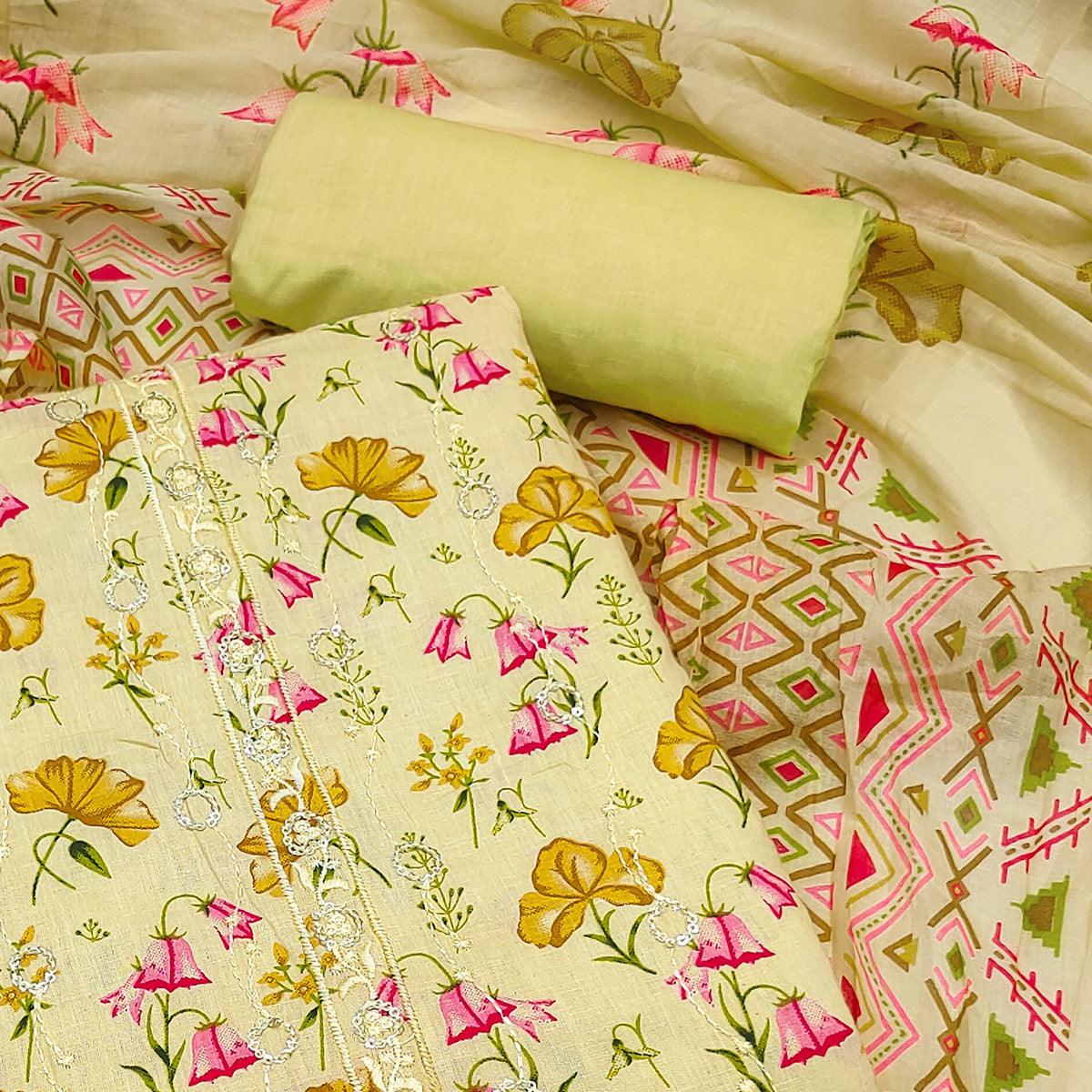 Lemon Green Floral Printed With Embroidered Pure Cotton Dress Material