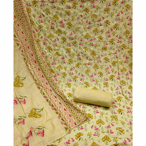 Lemon Green Floral Printed With Embroidered Pure Cotton Dress Material
