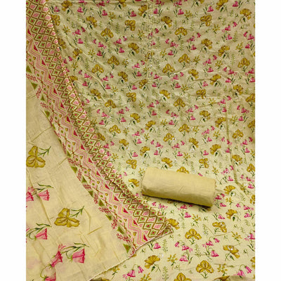 Lemon Green Floral Printed With Embroidered Pure Cotton Dress Material