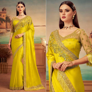 Lemon Green Floral Sequins Embroidered Art Silk Saree