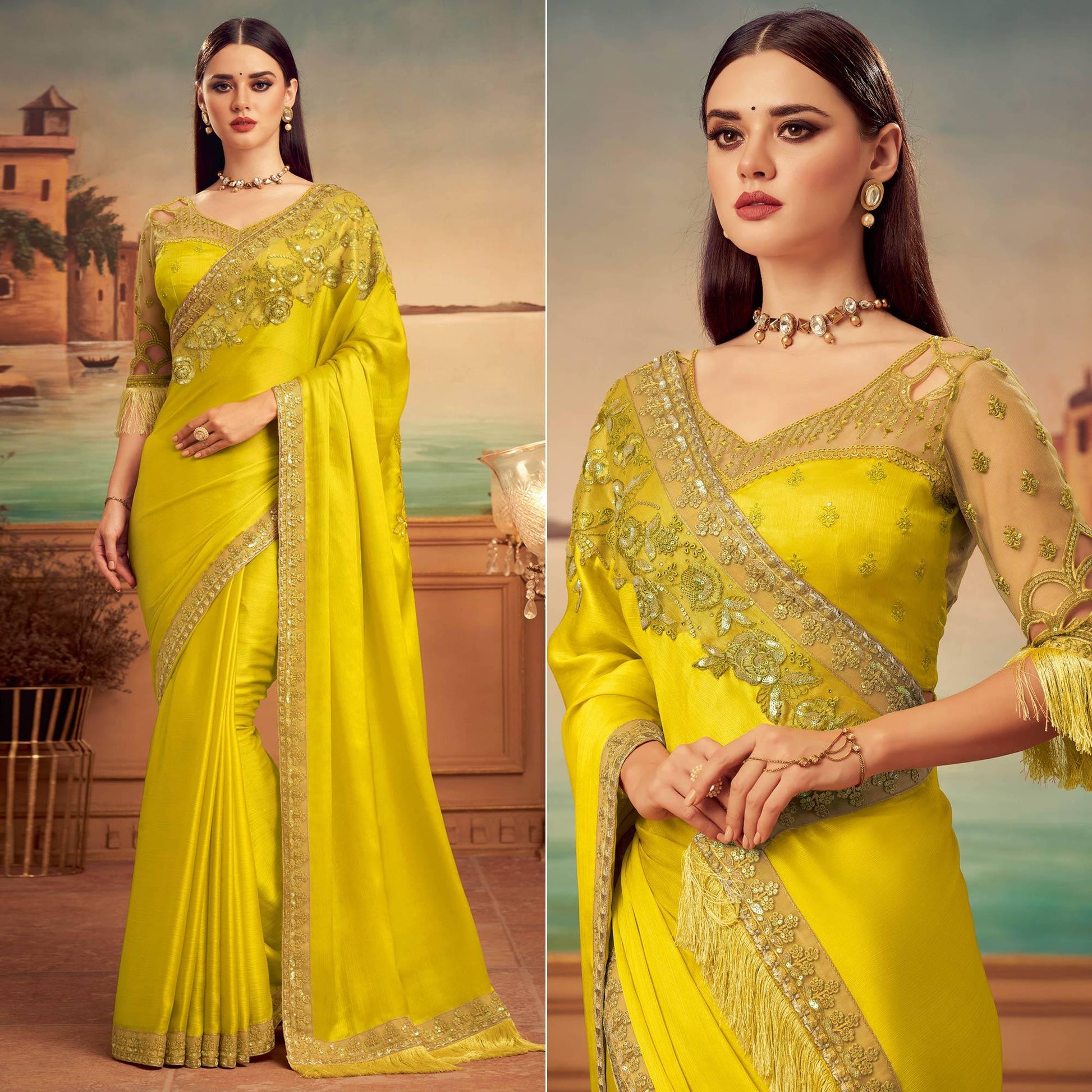 Lemon Green Floral Sequins Embroidered Art Silk Saree