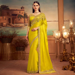 Lemon Green Floral Sequins Embroidered Art Silk Saree