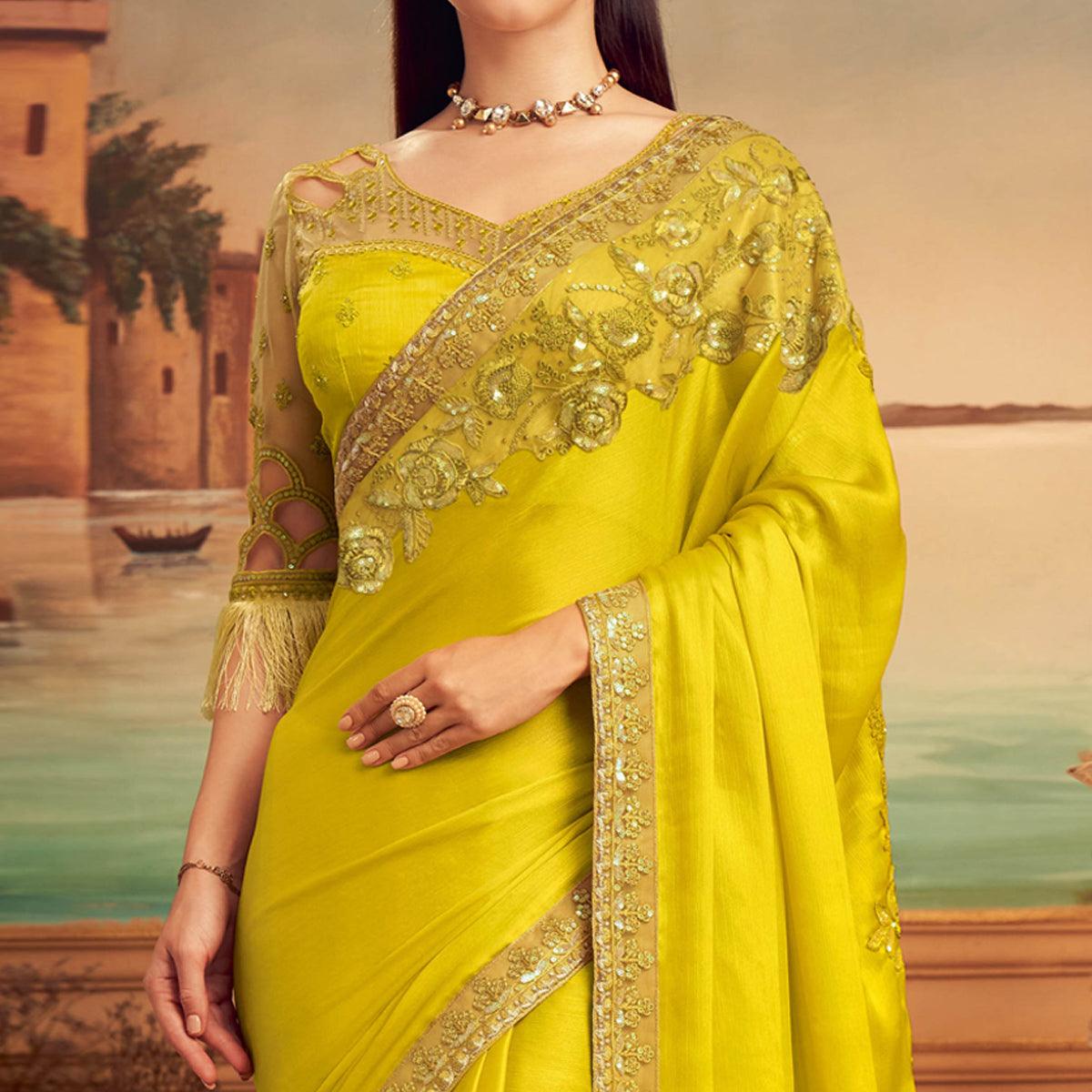 Lemon Green Floral Sequins Embroidered Art Silk Saree