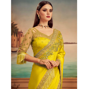 Lemon Green Floral Sequins Embroidered Art Silk Saree