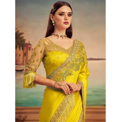 Lemon Green Floral Sequins Embroidered Art Silk Saree