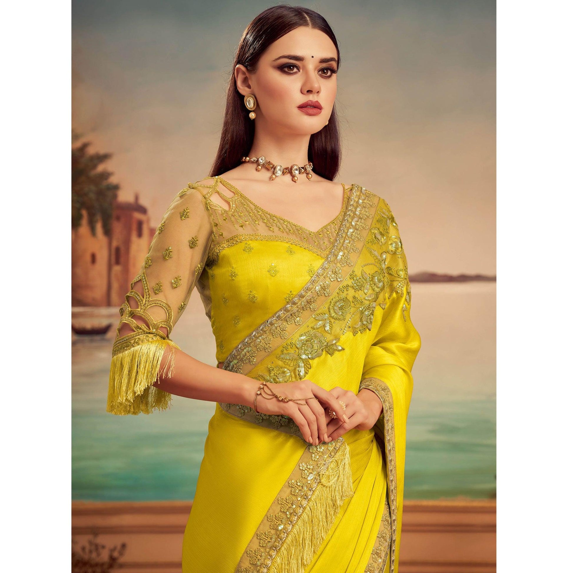 Lemon Green Floral Sequins Embroidered Art Silk Saree