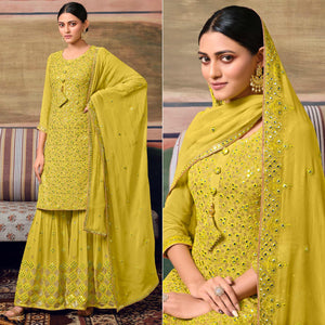 Lemon Green Partywear Embroidery With Embellished Georgette Sharara Suit