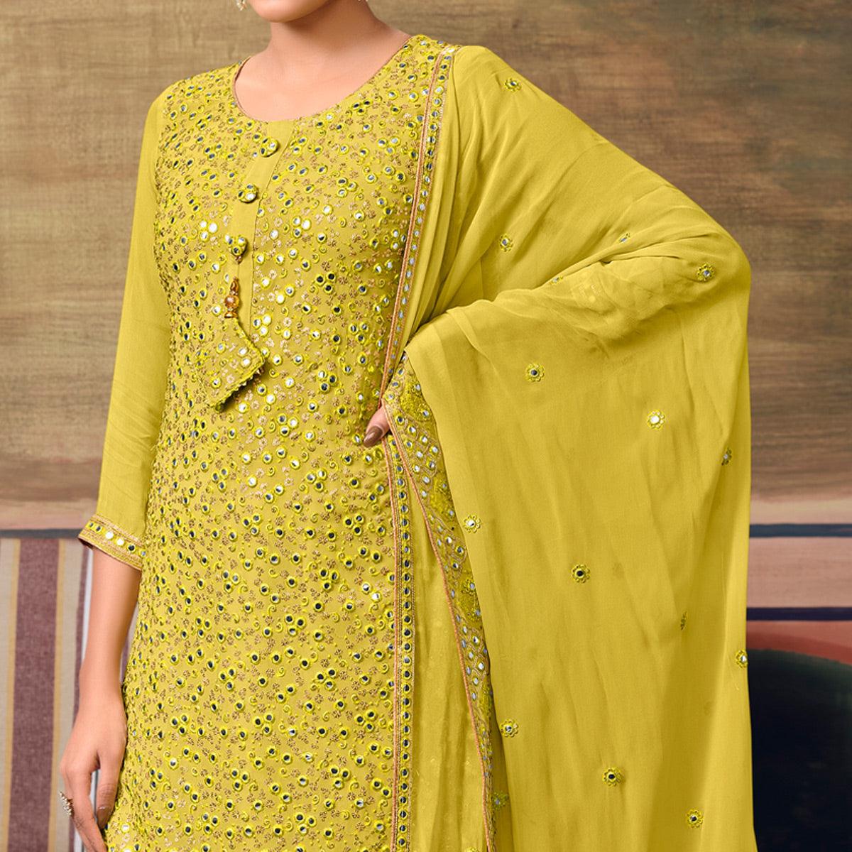 Lemon Green Partywear Embroidery With Embellished Georgette Sharara Suit