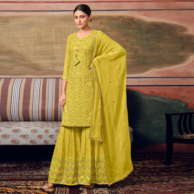 Lemon Green Partywear Embroidery With Embellished Georgette Sharara Suit