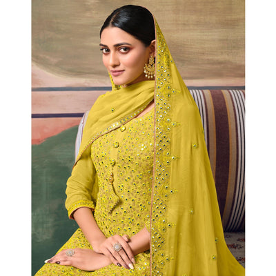 Lemon Green Partywear Embroidery With Embellished Georgette Sharara Suit