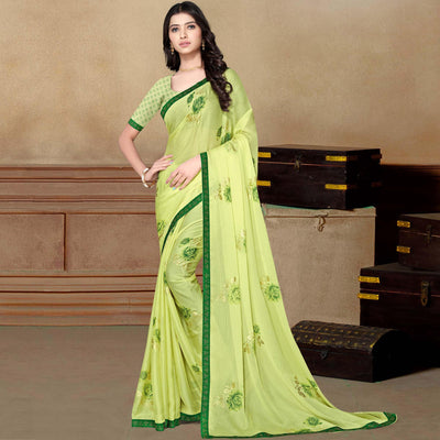 Lemon Green Partywear Foil Printed & Embellished Moss Chiffon Saree