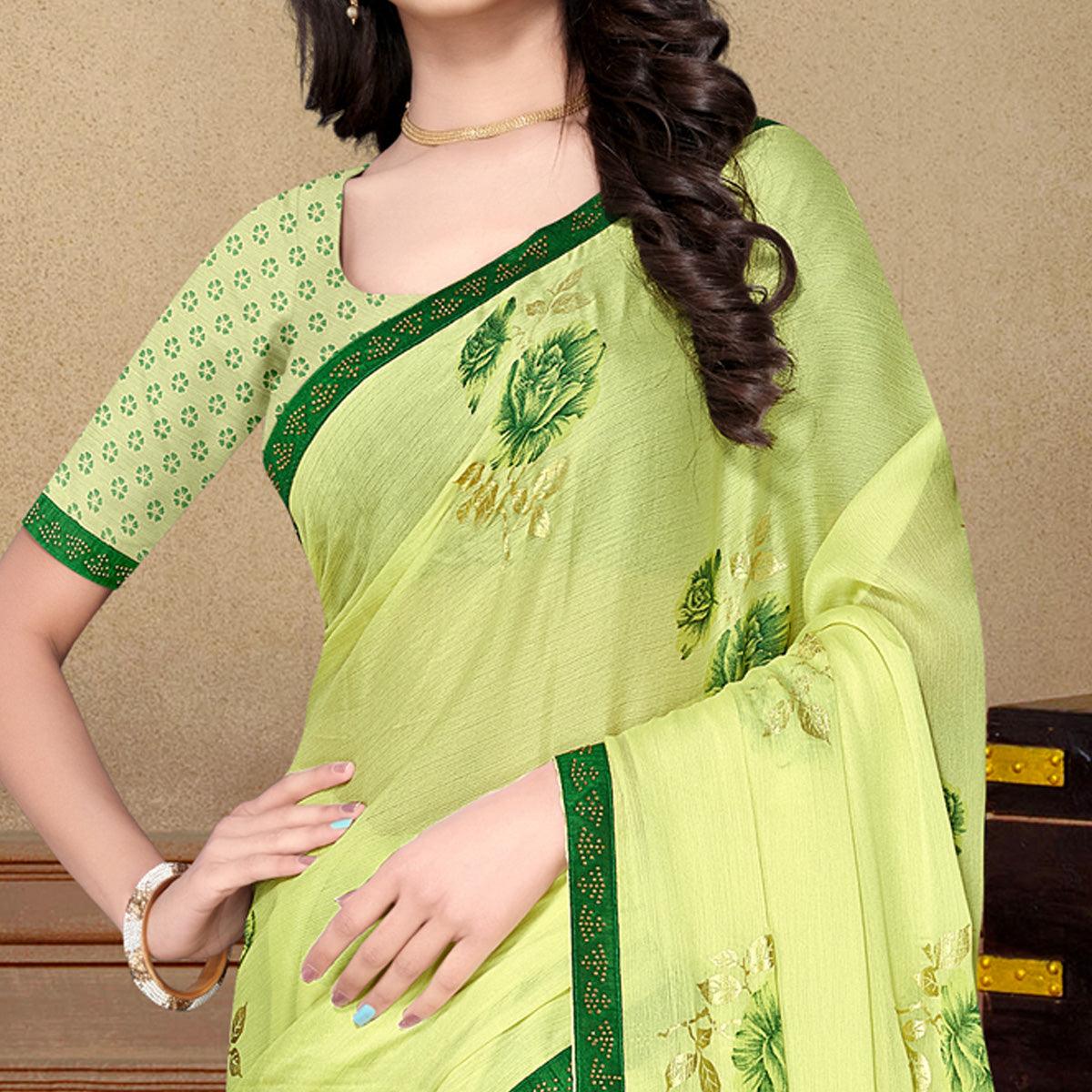 Lemon Green Partywear Foil Printed & Embellished Moss Chiffon Saree
