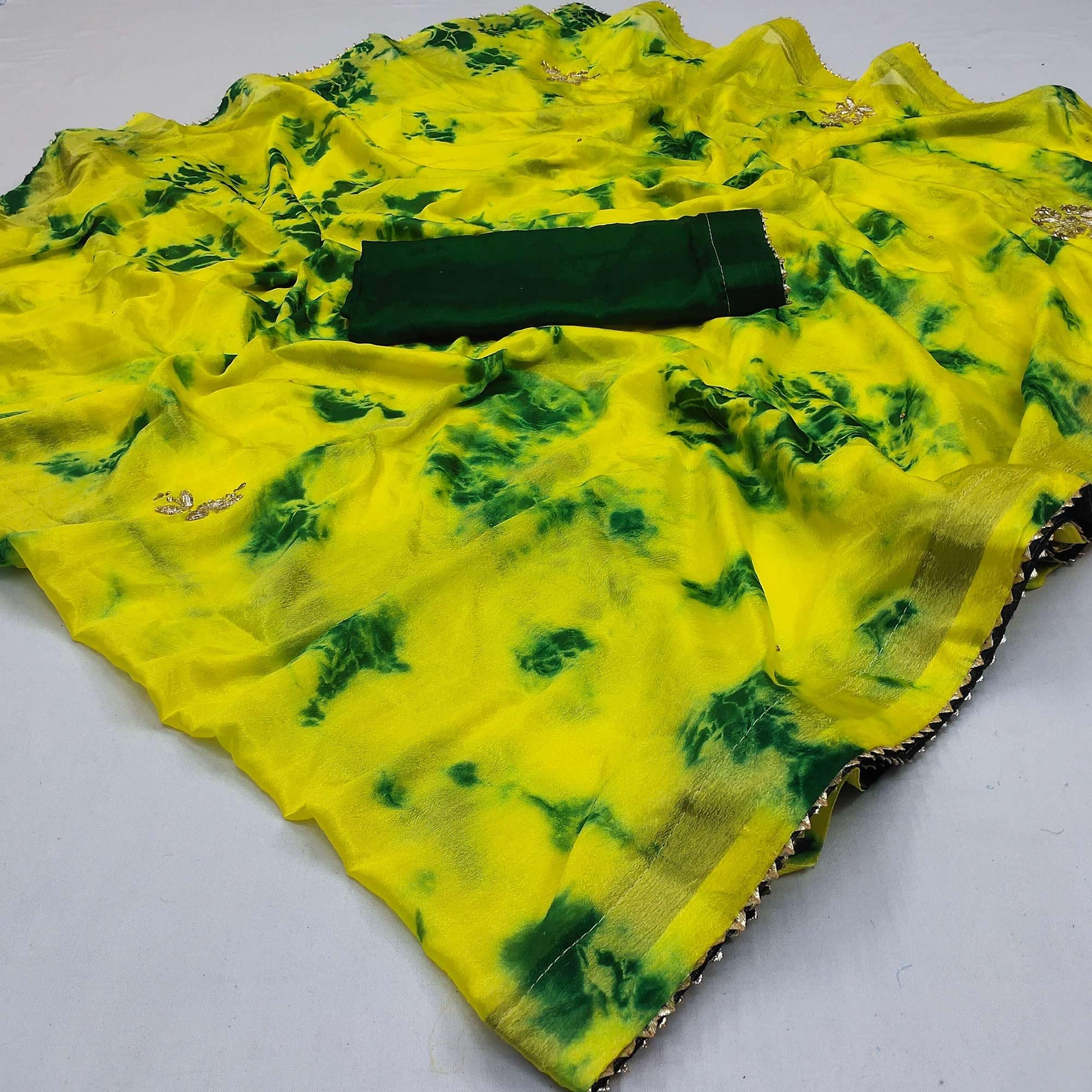 Lemon Green Printed Chiffon Saree