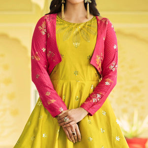 Lemon Green Sequins Embroidered Pure Cotton Gown With Koti