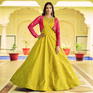 Lemon Green Sequins Embroidered Pure Cotton Gown With Koti