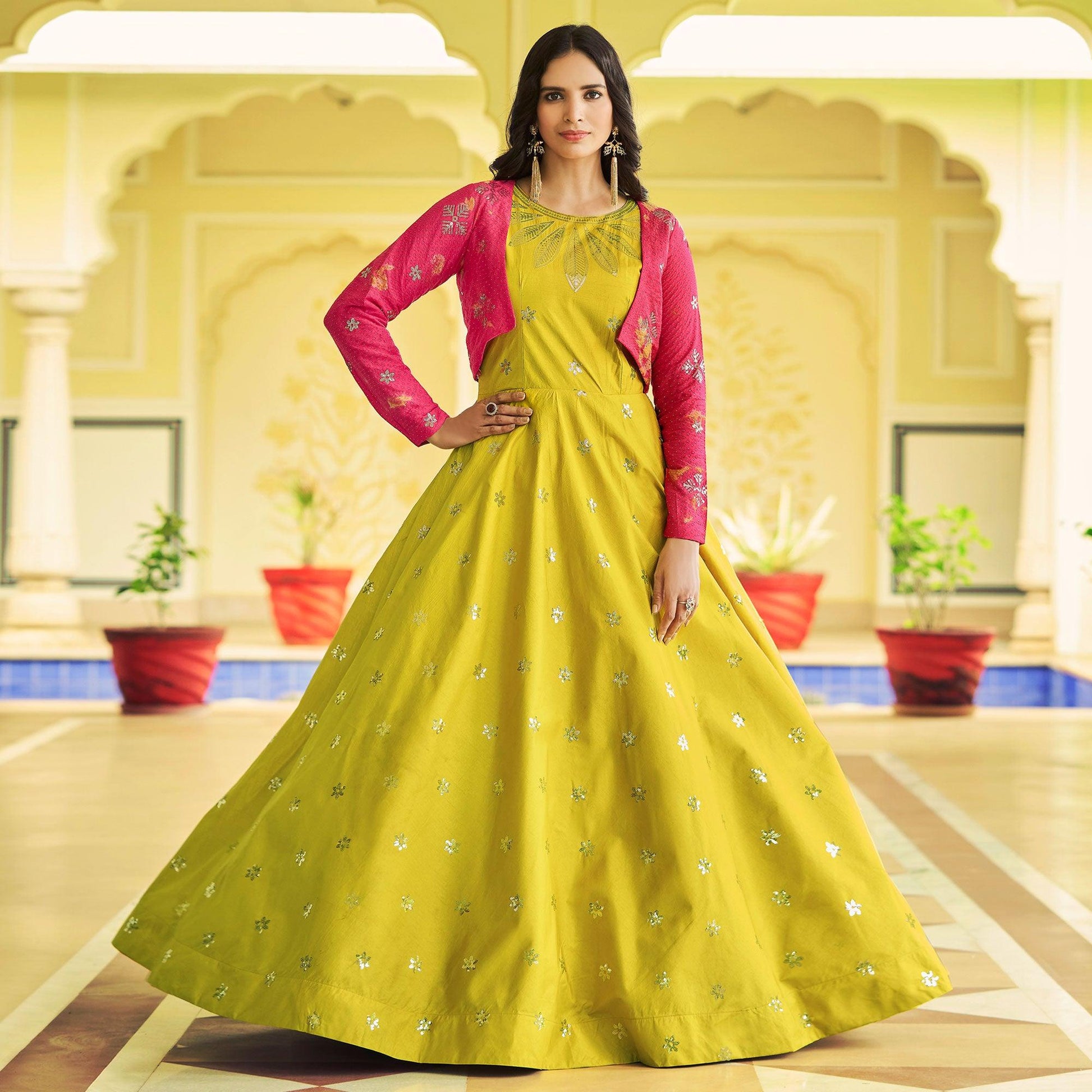 Lemon Green Sequins Embroidered Pure Cotton Gown With Koti