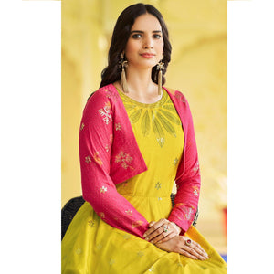 Lemon Green Sequins Embroidered Pure Cotton Gown With Koti