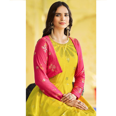 Lemon Green Sequins Embroidered Pure Cotton Gown With Koti