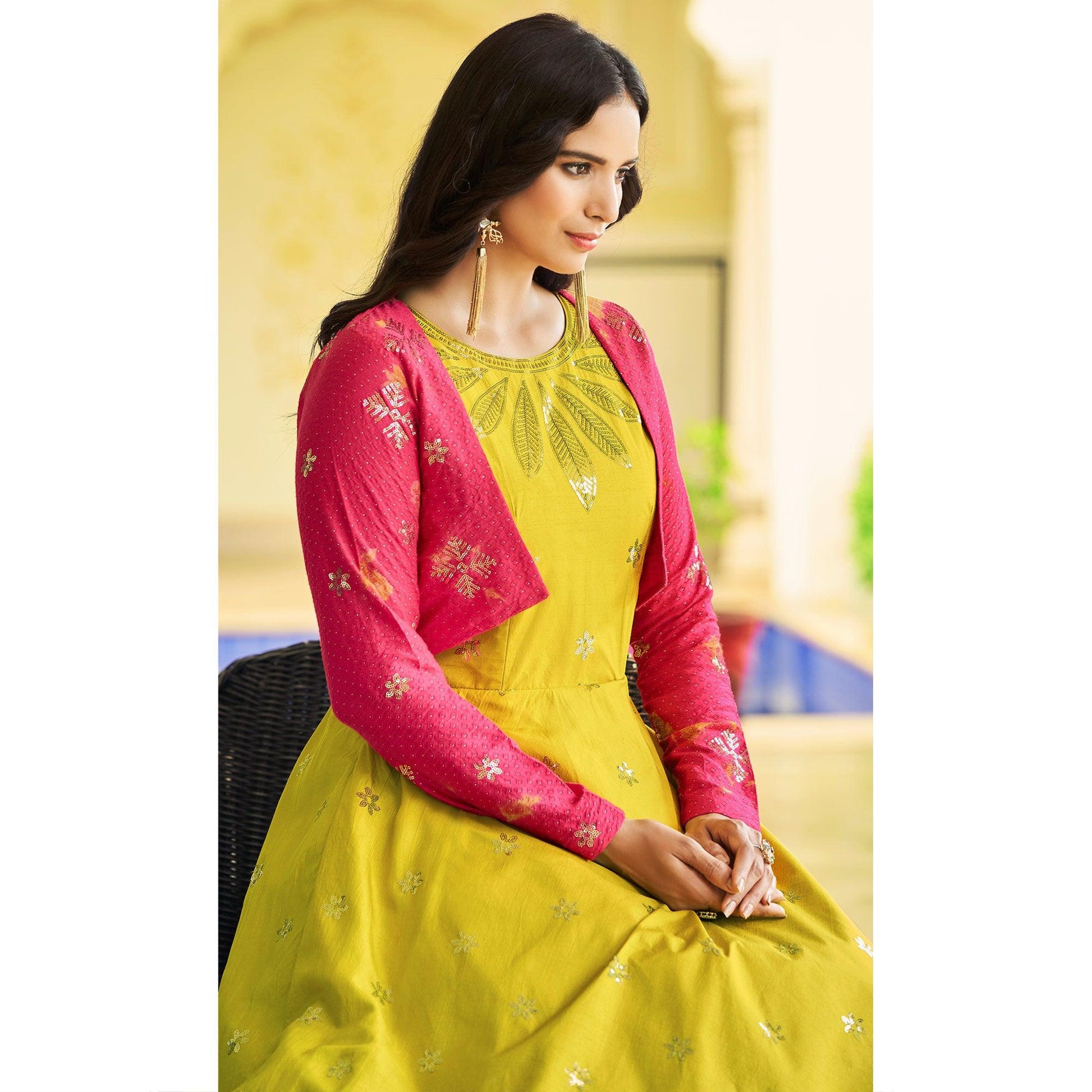 Lemon Green Sequins Embroidered Pure Cotton Gown With Koti