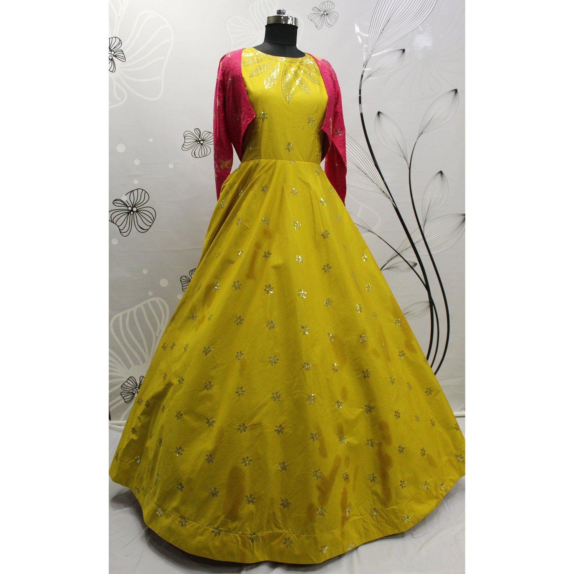 Lemon Green Sequins Embroidered Pure Cotton Gown With Koti