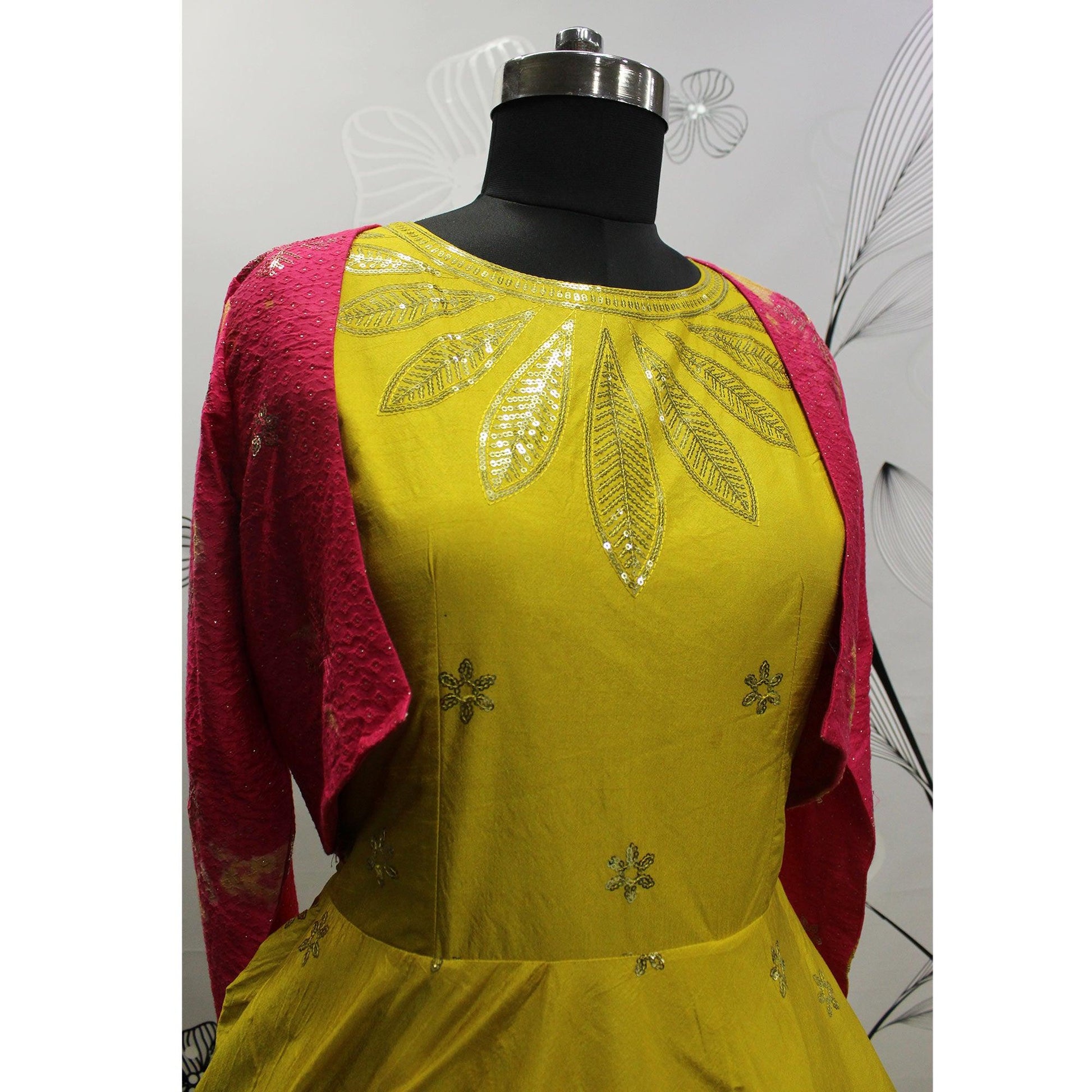Lemon Green Sequins Embroidered Pure Cotton Gown With Koti