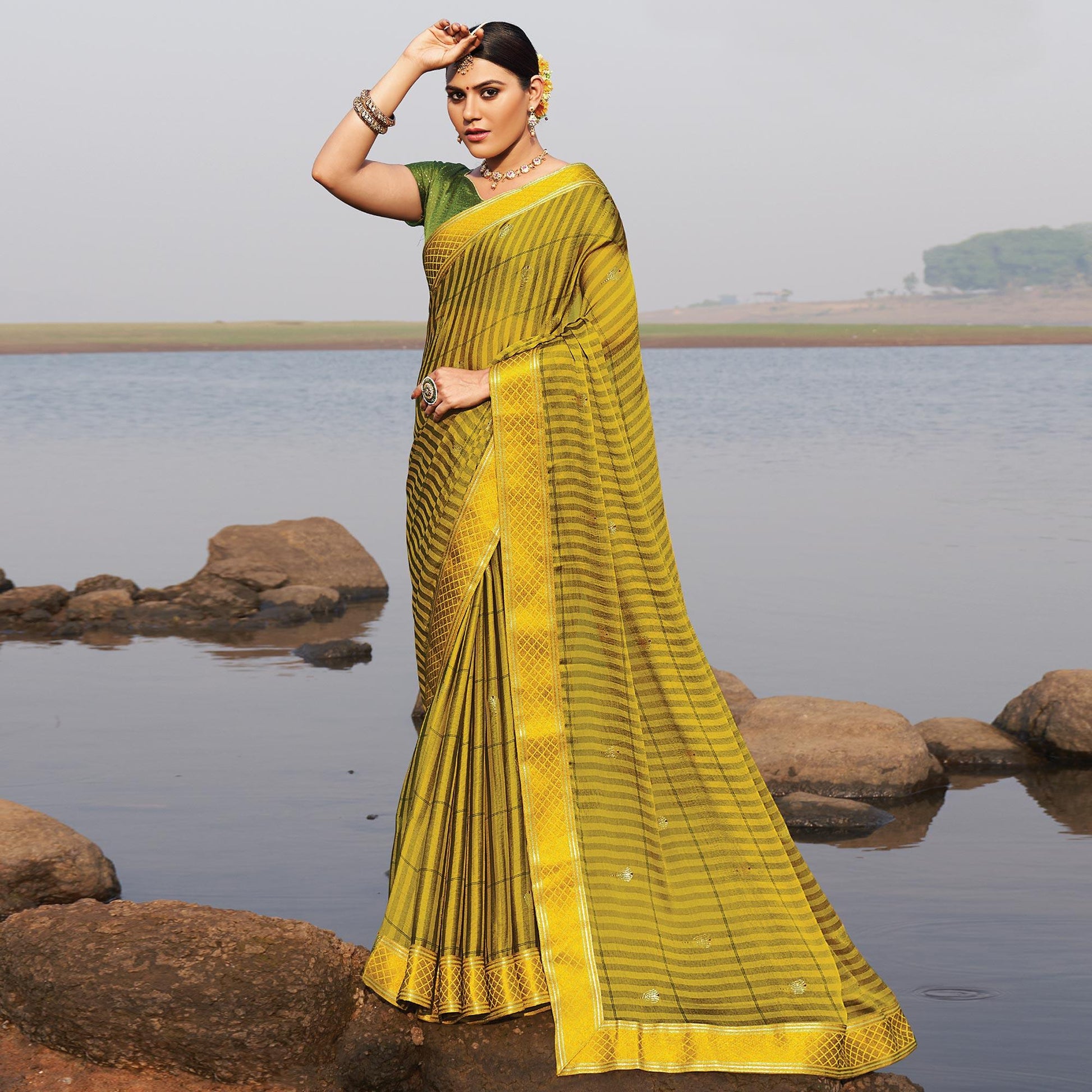 Lemon Green Woven Chiffon Saree