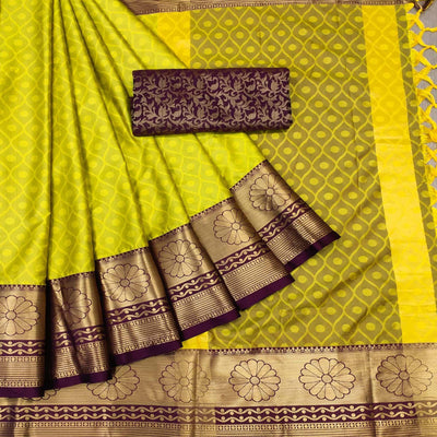 Lemon Green Woven Cotton Silk Saree