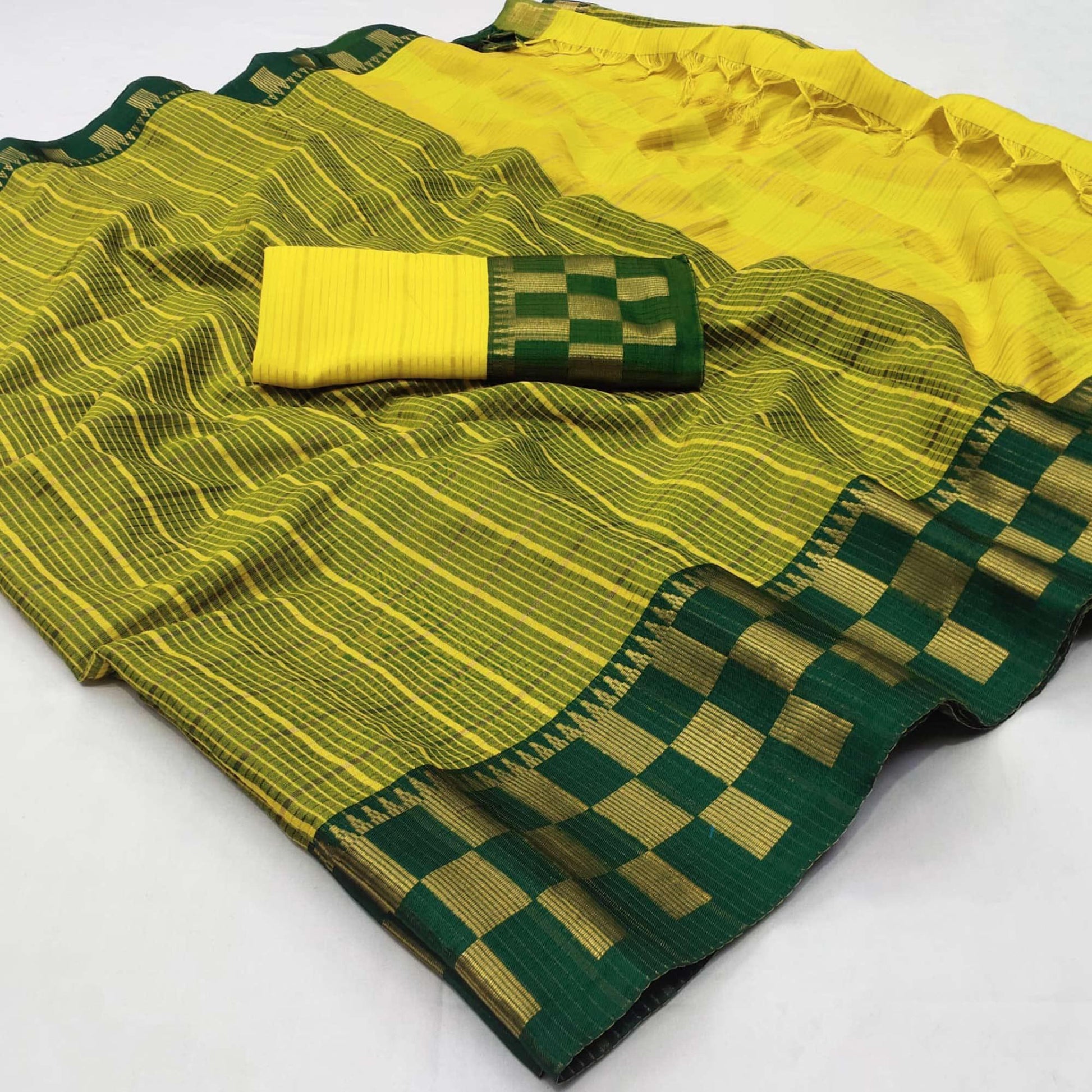 Lemon Green Woven Cotton Silk Saree