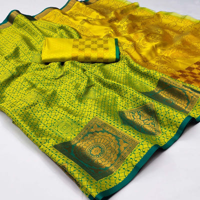 Lemon-Green Woven Cotton Silk Saree