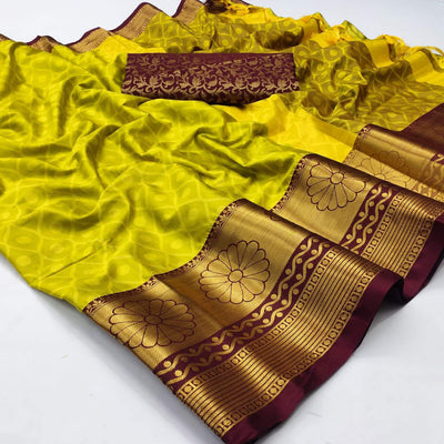 Lemon Green Woven Cotton Silk Saree