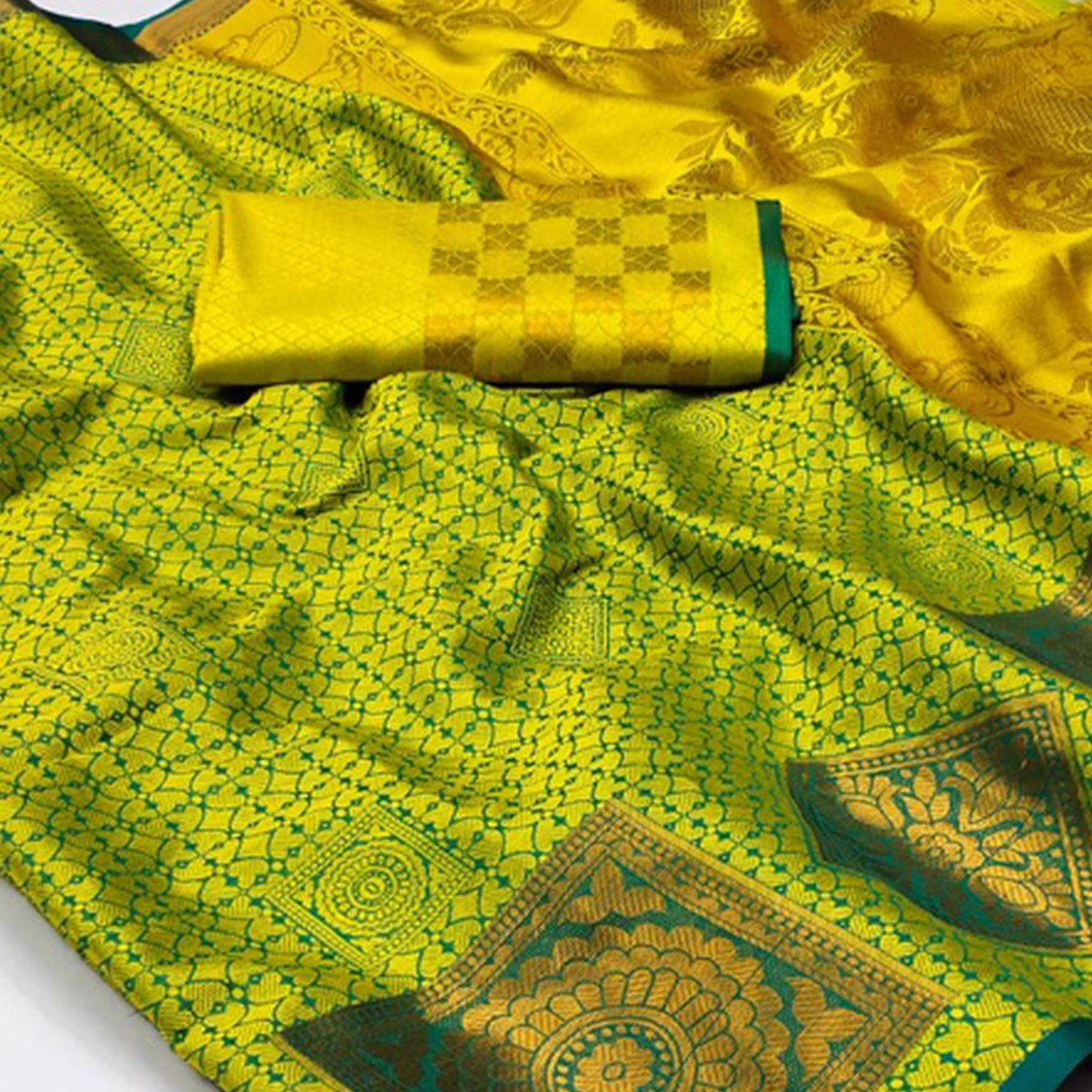 Lemon-Green Woven Cotton Silk Saree