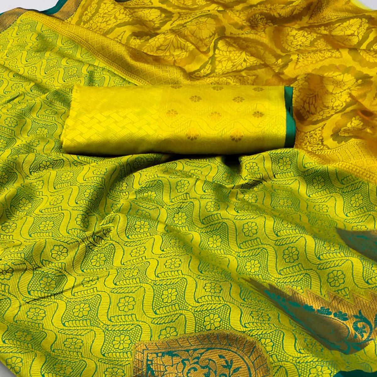 Lemon Green Woven Cotton Silk Saree