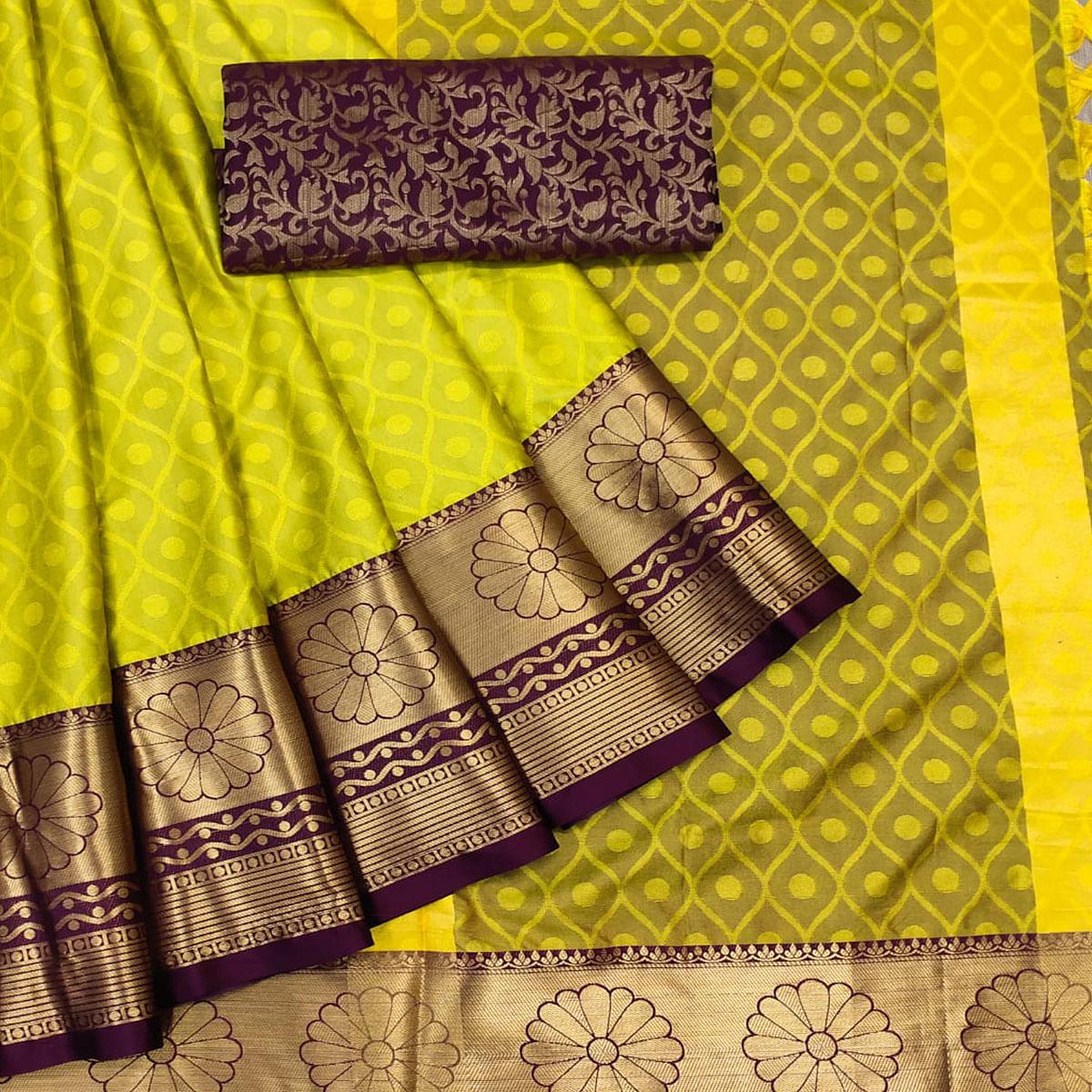 Lemon Green Woven Cotton Silk Saree