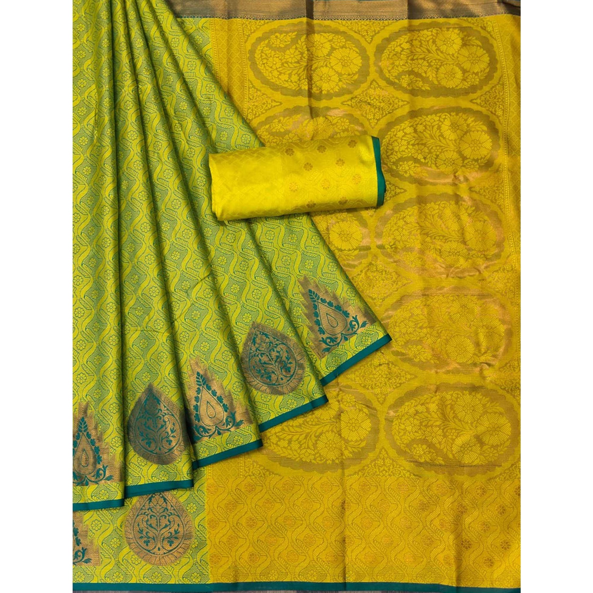 Lemon Green Woven Cotton Silk Saree