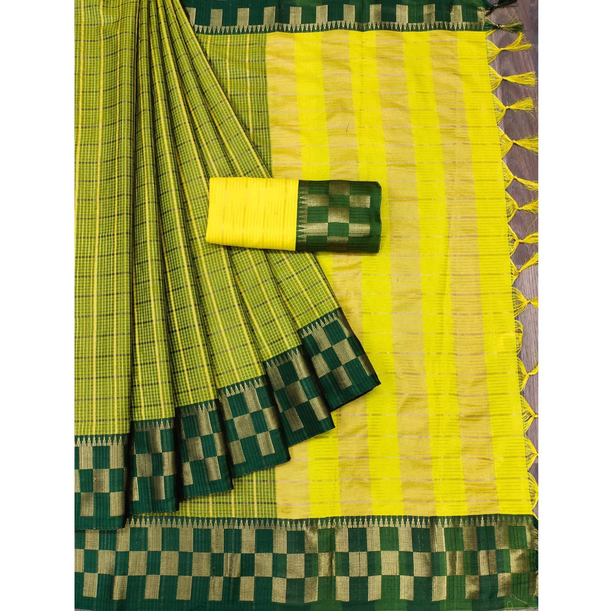 Lemon Green Woven Cotton Silk Saree